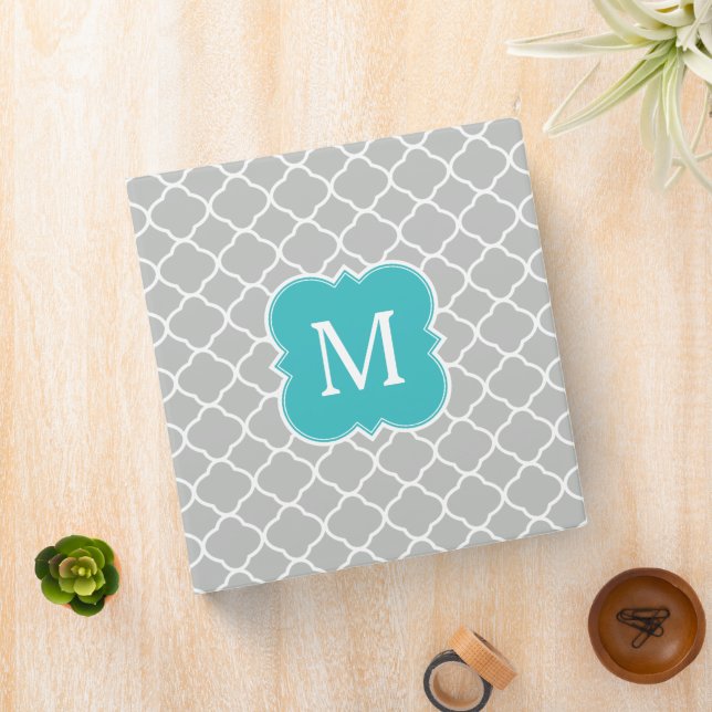 Monogram Aqua Green and Gray Quatrefoil Pattern Binder (In Situ)