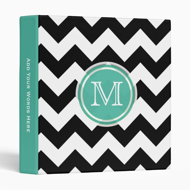 Monogram: Aqua Green, Black & White Chevron Binder (Front/Spine)