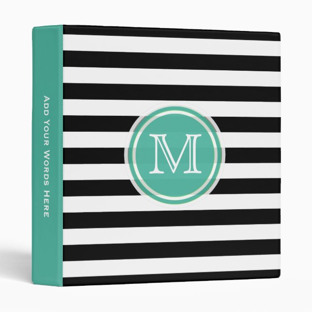 Monogram: Aqua Green, Black & White Stripe Binder (Front/Spine)
