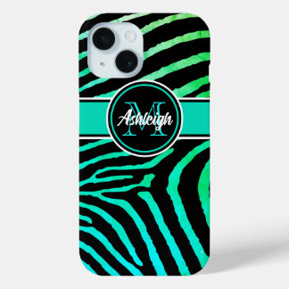 Monogram Aqua Green, Black Zebra Stripes iPhone 15 Case