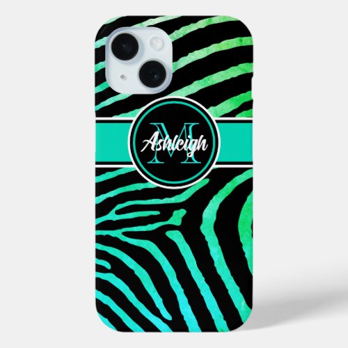 Monogram Aqua Green Black Zebra Stripes iPhone 15 Case