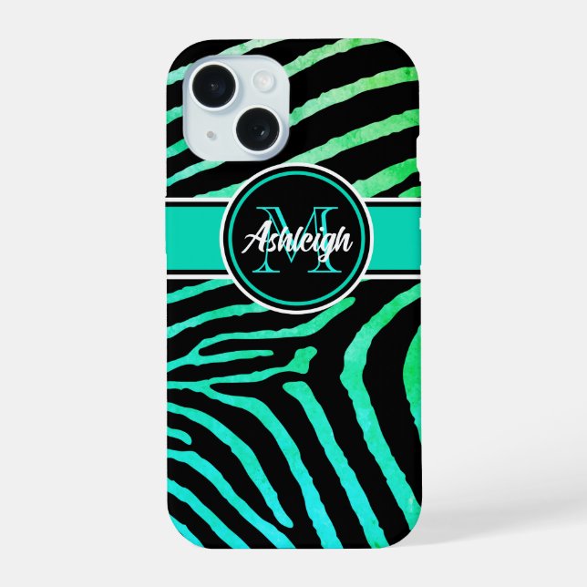 Monogram Aqua Green, Black Zebra Stripes Iphone Case (Back)