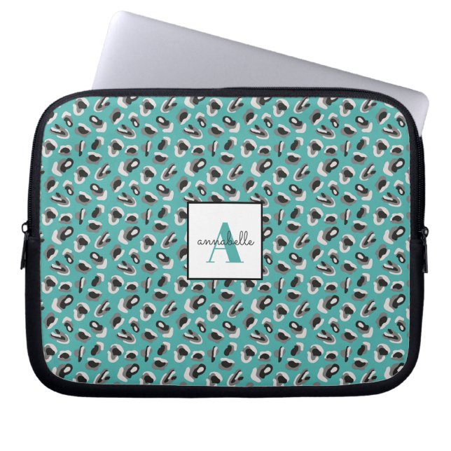 Monogram Aqua Leopard Animal Print Personalized Laptop Sleeve (Front)