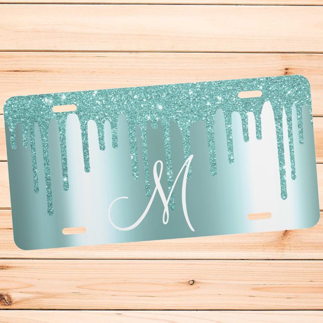 Monogram Aqua Metallic Faux Glitter Drips License Plate (Creator Uploaded)