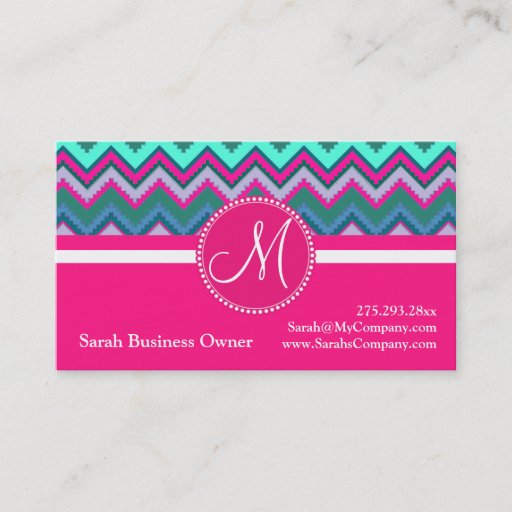 Customizable Monogram Aqua Teal Blue Pink Tribal Chevron Zigzag Business Cards