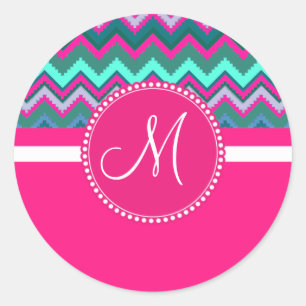 Monogram Aqua Teal Blue Pink Tribal Chevron Zigzag Classic Round Sticker