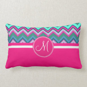 Monogram Aqua Teal Blue Pink Tribal Chevron Zigzag Lumbar Pillow