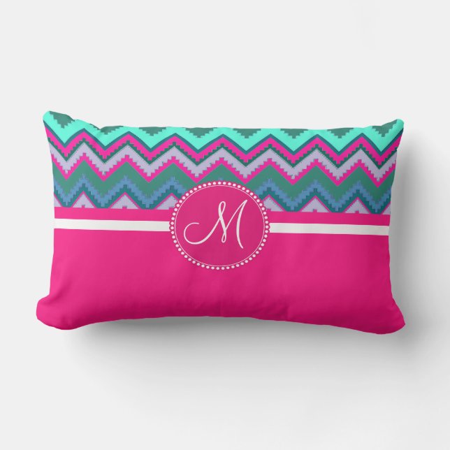 Monogram Aqua Teal Blue Pink Tribal Chevron Zigzag Lumbar Pillow (Front)