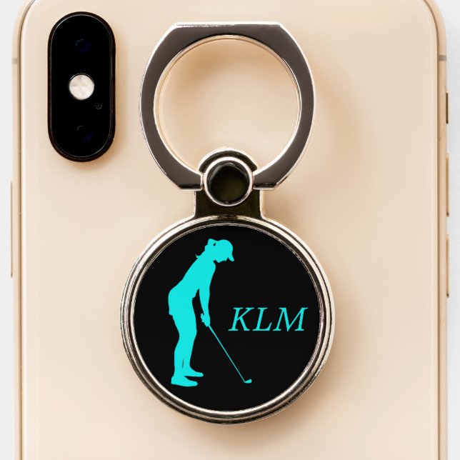 Monogram Aqua Teal Silhouette Golfer Phone Ring Stand (Close Up)