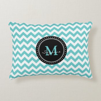 Monogram Aqua White Abstract Chevron Accent Pillow by BestPatterns4u at Zazzle