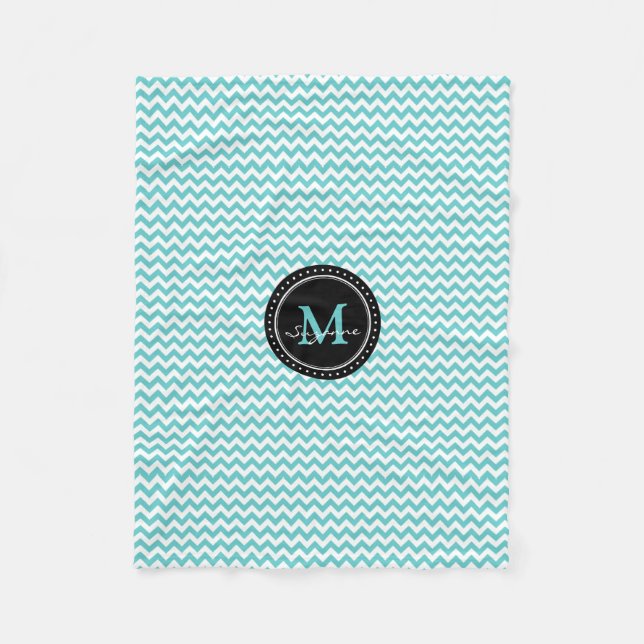 Monogram Aqua White Abstract Chevron Fleece Blanket (Front)