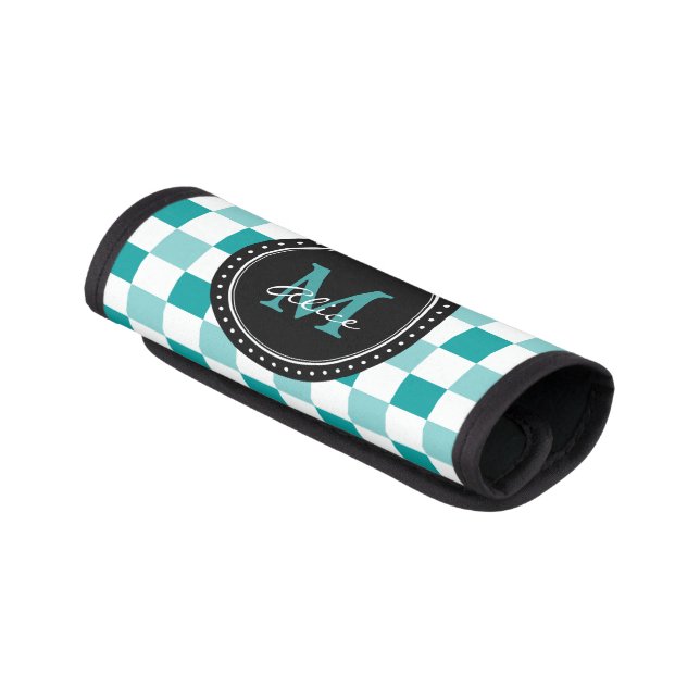 Monogram | Aqua White Checkerboard Pattern Luggage Handle Wrap (Angled)