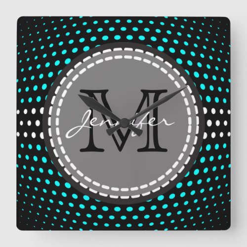 Monogram Aqua  White Polka Dots Pattern Square Wall Clock