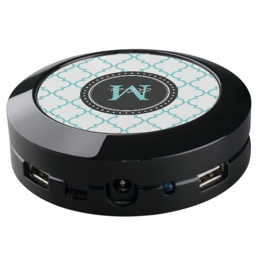 Monogram | Aqua White Quatrefoil USB Charging Station (Angled Back)