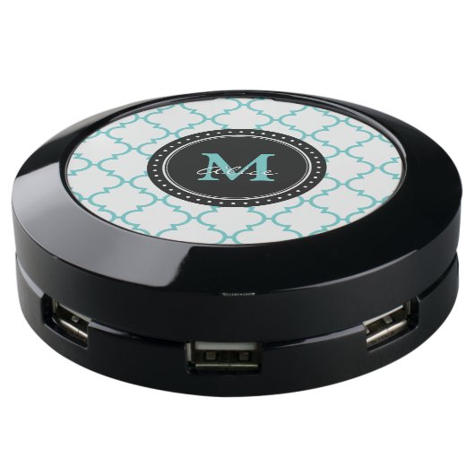 Monogram | Aqua White Quatrefoil USB Charging Station (Angled)