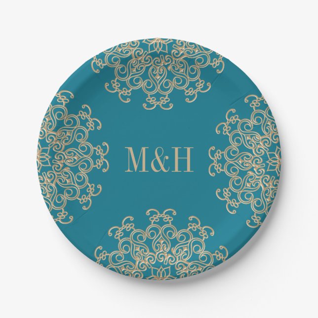 Monogram Aquamarine and Gold Indian Style Wedding Paper Plates (Front)
