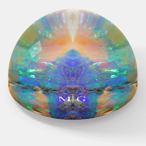 Monogram Aquamarine Blue Opal Gemstone Pattern Paperweight