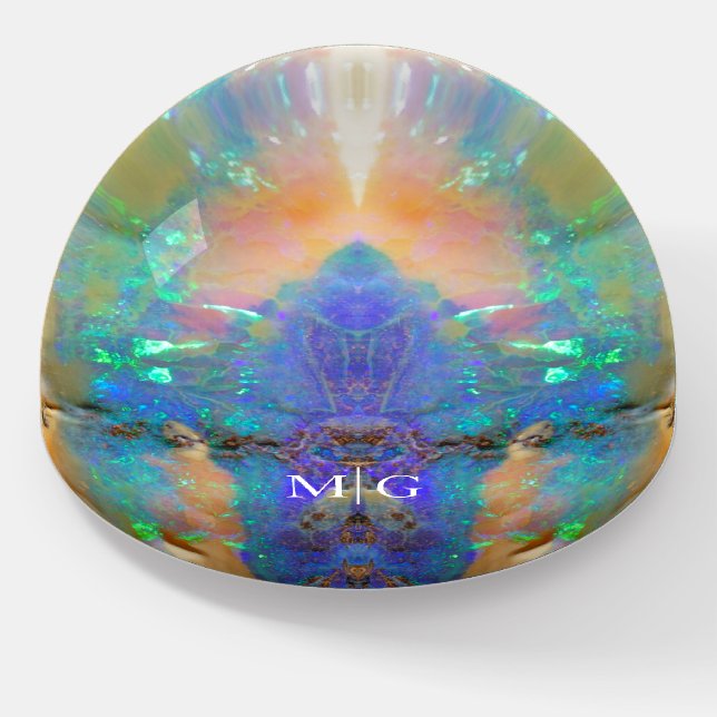 Monogram Aquamarine Blue Opal Gemstone Pattern Paperweight (Angled)