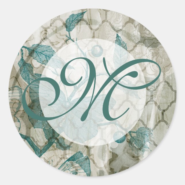 Monogram | Arabesque Butterflies V Classic Round Sticker (Front)