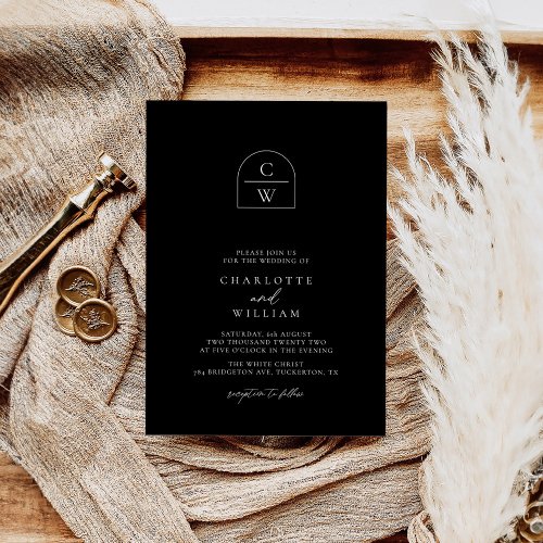 Monogram Arch Modern Simple Black Wedding Invitation