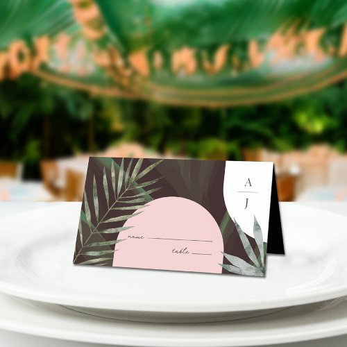 Monogram Arches Palm Tree Tropical Wedding Place Card