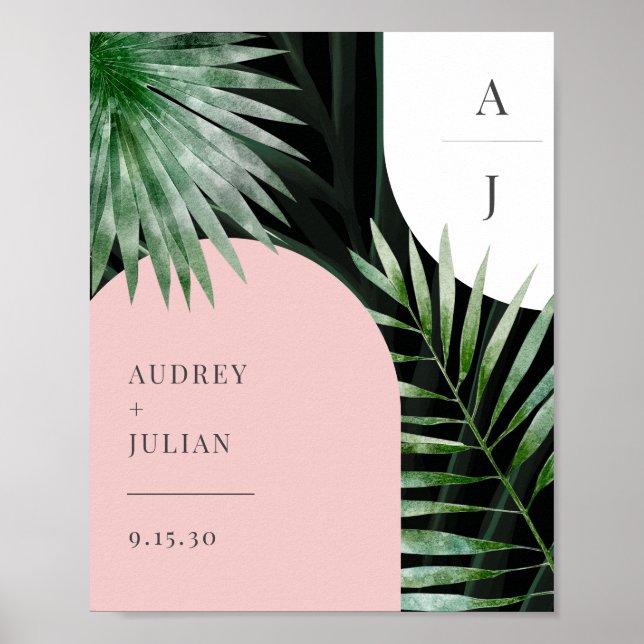 Monogram Arches Tropical Palm Leaf Wedding Poster (Front)
