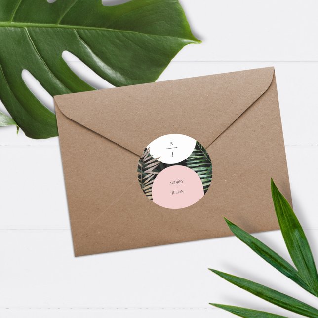 Monogram Arches Tropical Palm Tree Wedding Classic Round Sticker (Creator Uploaded)