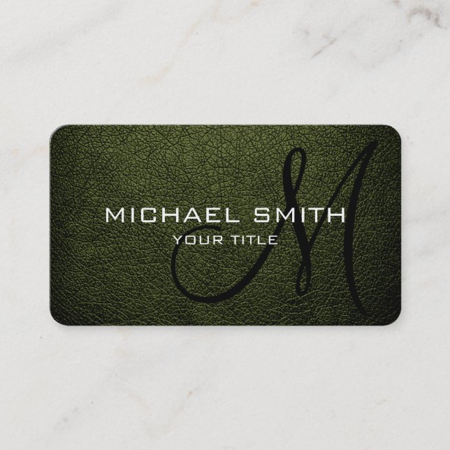 Monogram Army Green Leather Look Business Card (Front)