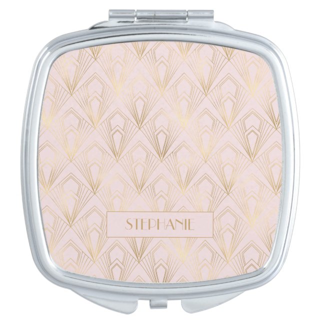 Monogram Art Deco Geometric Pattern Pink | Gold Compact Mirror (Front)