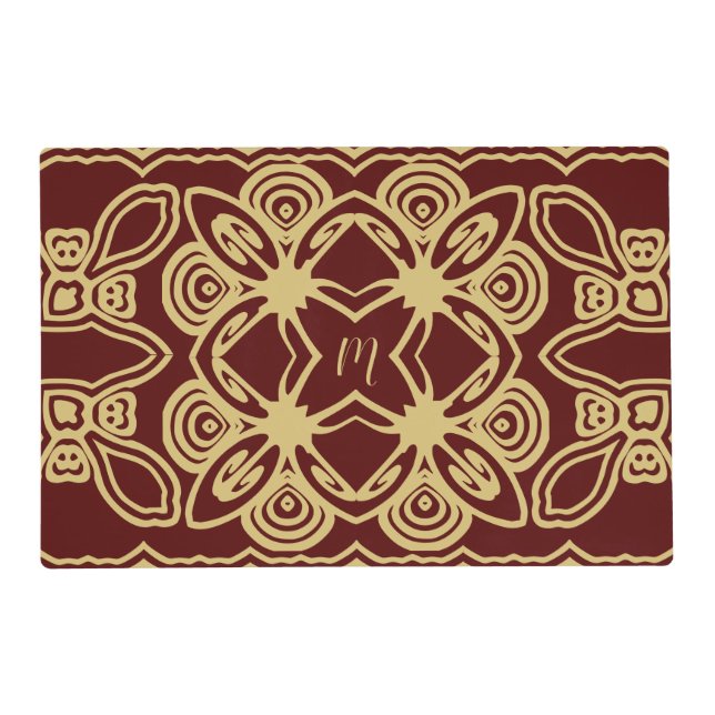 Monogram Art Deco Gold and Burgundy Ornament Placemat (Front)