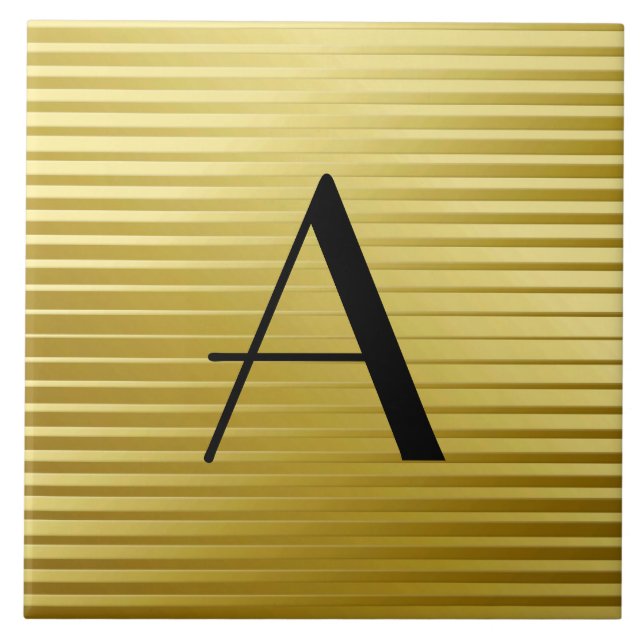 Monogram Art Deco Gold Satin Stripes Ceramic Tile (Front)