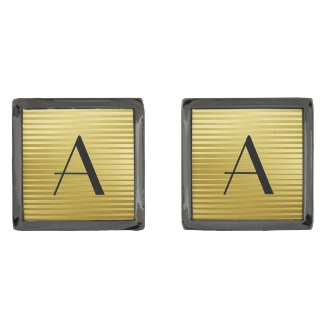 Monogram Art Deco Gold Satin Stripes Gunmetal Finish Cufflinks (Front)
