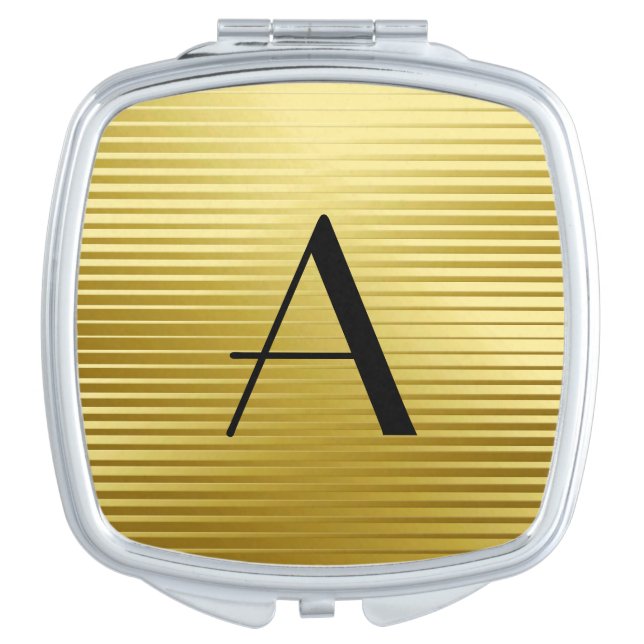Monogram Art Deco Gold Satin Stripes Mirror For Makeup (Front)