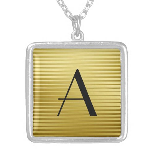 Monogram Art Deco Gold Satin Stripes Silver Plated Necklace