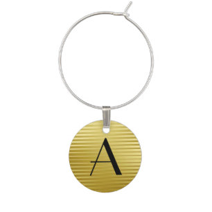 Monogram Art Deco Gold Satin Stripes Wine Charm