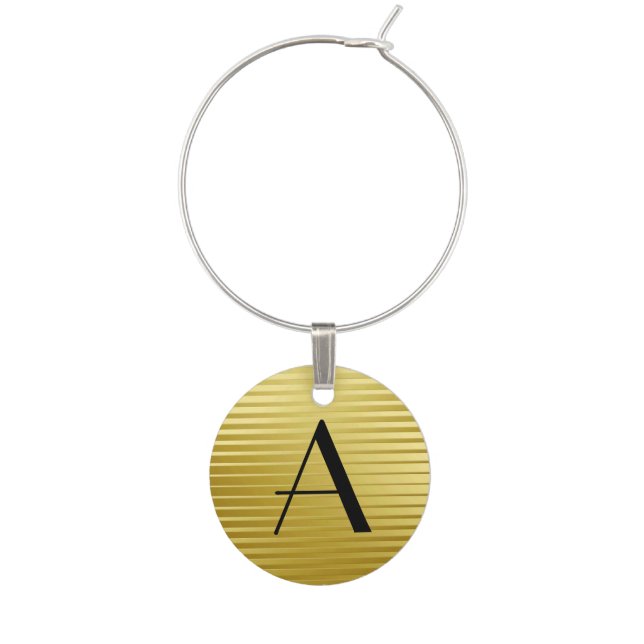 Monogram Art Deco Gold Satin Stripes Wine Charm (Front)