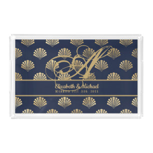 Monogram ART Deco Navy Blue Gold Shells Newlyweds Acrylic Tray