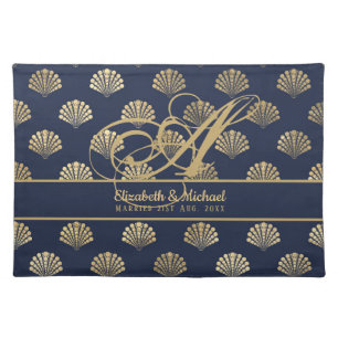 Monogram ART Deco Navy Blue Gold Shells Newlyweds Cloth Placemat