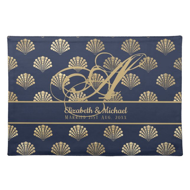 Monogram ART Deco Navy Blue Gold Shells Newlyweds Cloth Placemat (Front)