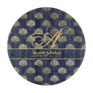 Monogram ART Deco Navy Blue Gold Shells Newlyweds Cutting Board