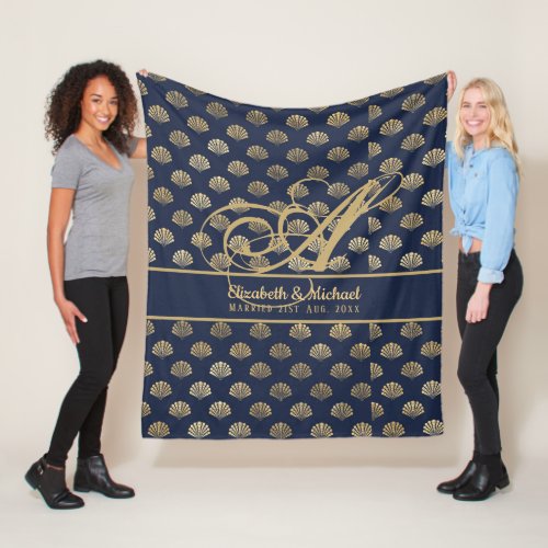 Monogram ART Deco Navy Blue Gold Shells Newlyweds Fleece Blanket