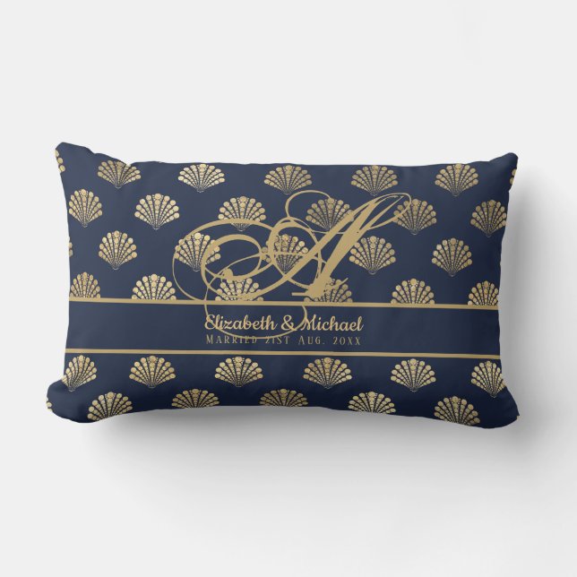 Monogram ART Deco Navy Blue Gold Shells Newlyweds Lumbar Pillow (Front)