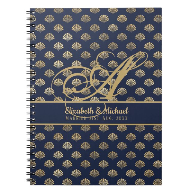 Monogram ART Deco Navy Blue Gold Shells Newlyweds Notebook (Front)