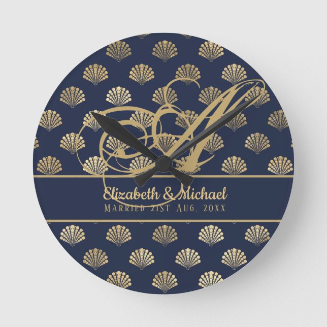Monogram ART Deco Navy Blue Gold Shells Newlyweds Round Clock (Front)