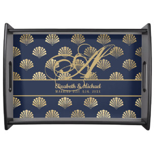 Monogram ART Deco Navy Blue Gold Shells Newlyweds Serving Tray
