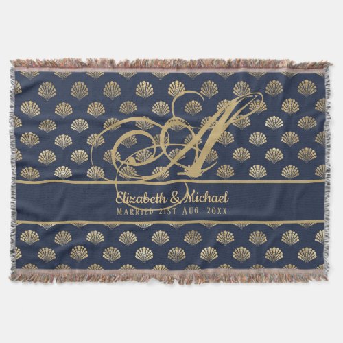 Monogram ART Deco Navy Blue Gold Shells Newlyweds Throw Blanket