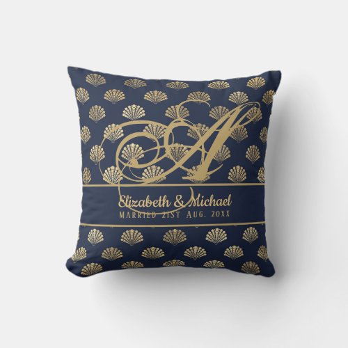 Monogram ART Deco Navy Blue Gold Shells Newlyweds Throw Pillow