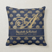 Monogram ART Deco Navy Blue Gold Shells Newlyweds Throw Pillow