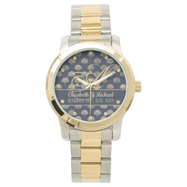 Monogram ART Deco Navy Blue Gold Shells Newlyweds Watch (Front)