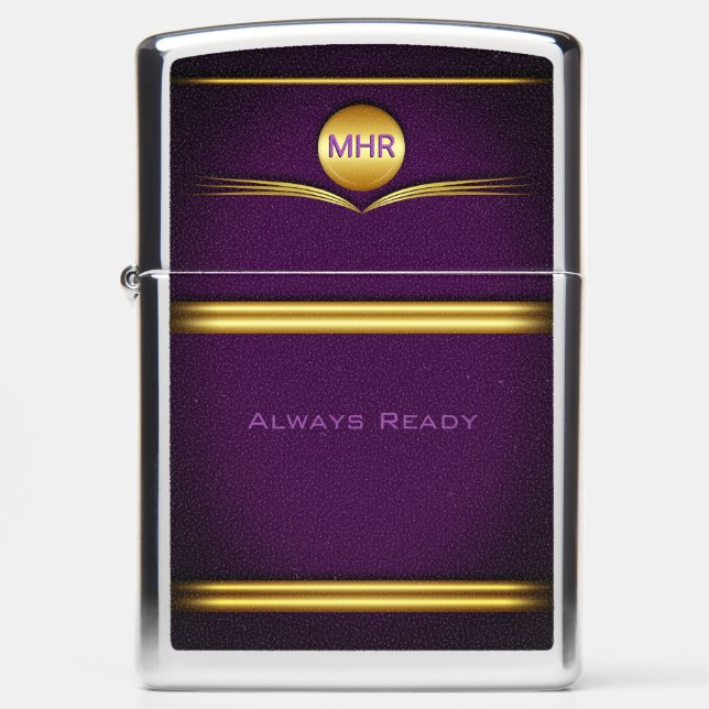 Monogram, art deco purple with gold effect zippo lighter (Front)
